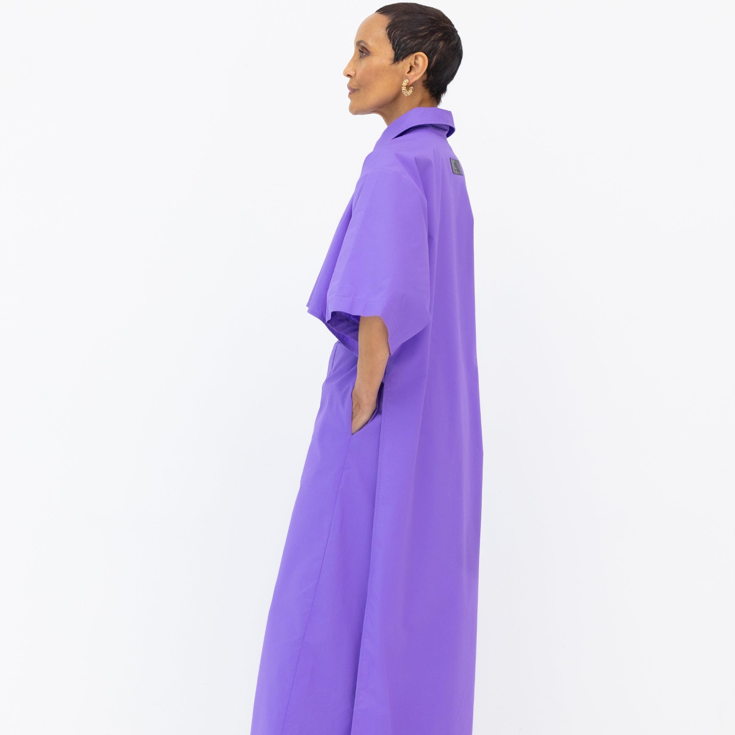 Randi Tail Shirt & Wide Leg Pant Set in Purple Cotton Poplin - Side View