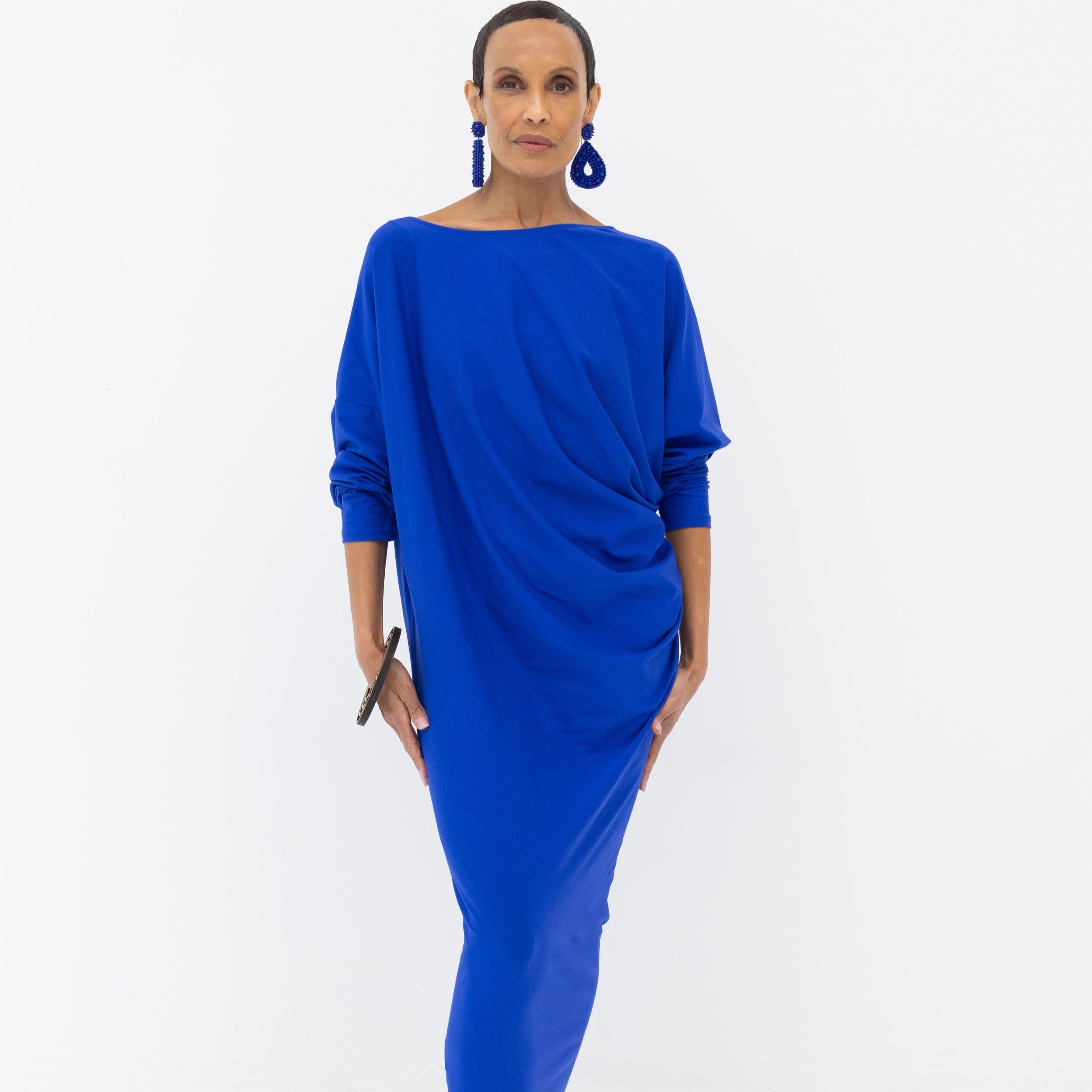 Model wearing Riviera Draped Maxi Dress - Blue