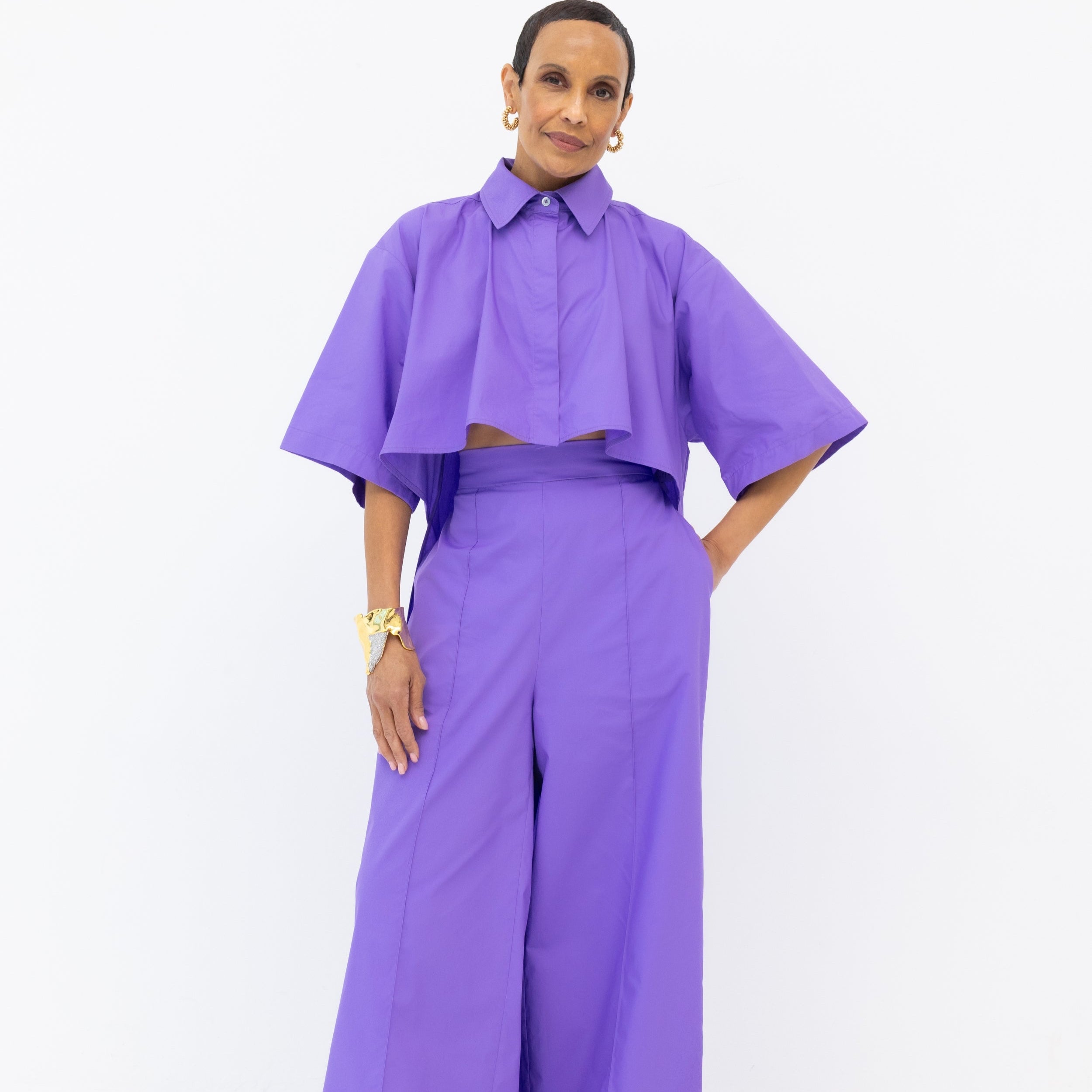 Randi Tail Shirt & Wide Leg Pant Set in Purple Cotton Poplin - Front VIew