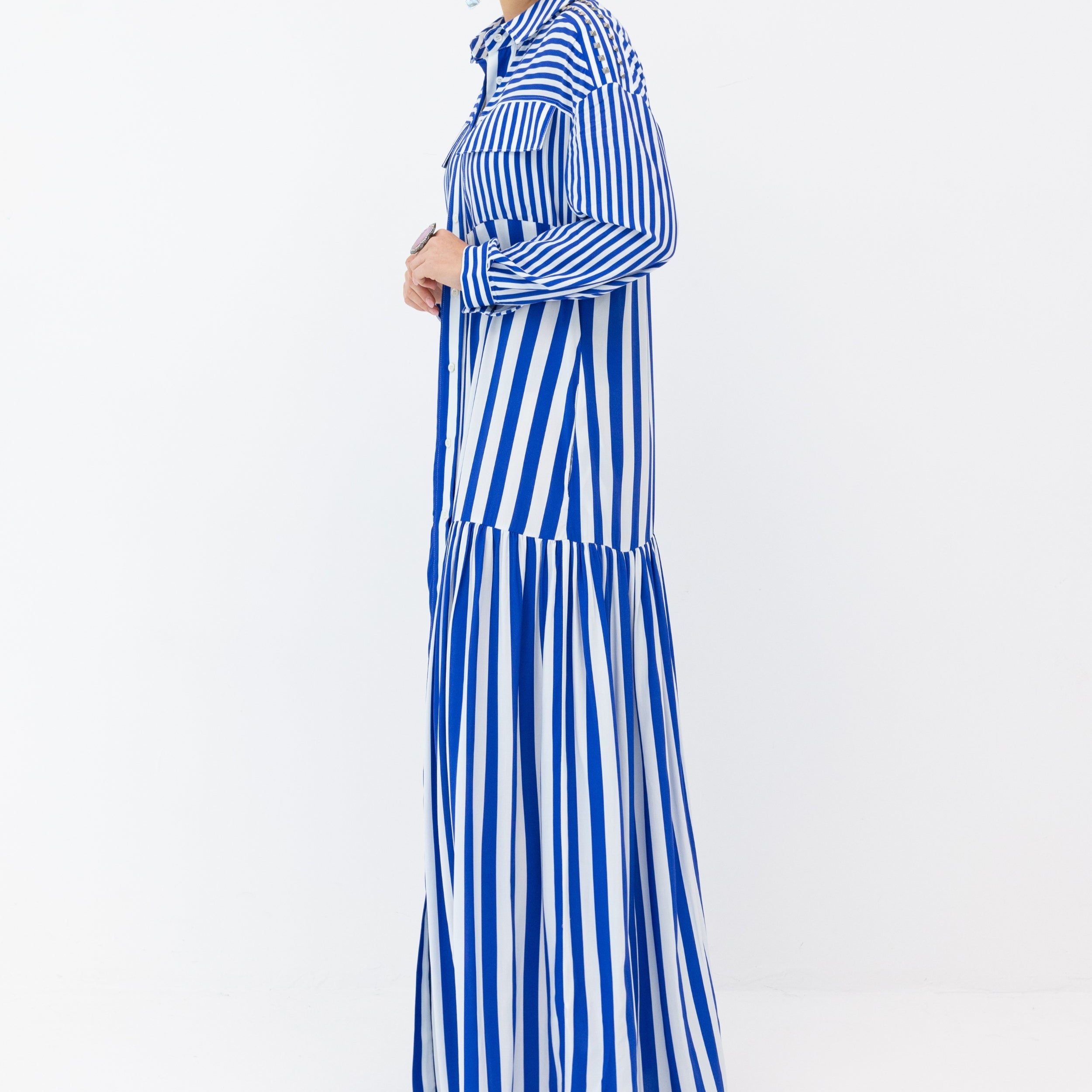 Crawford Dress Blue and White Stripes Detail