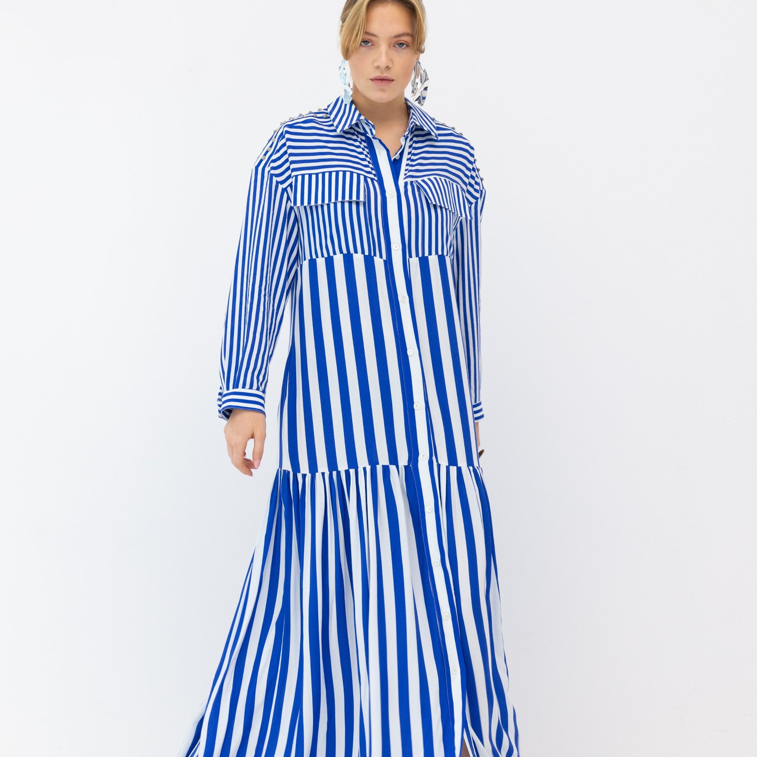 Model Wearing Crawford Studded Maxi Shirt Dress