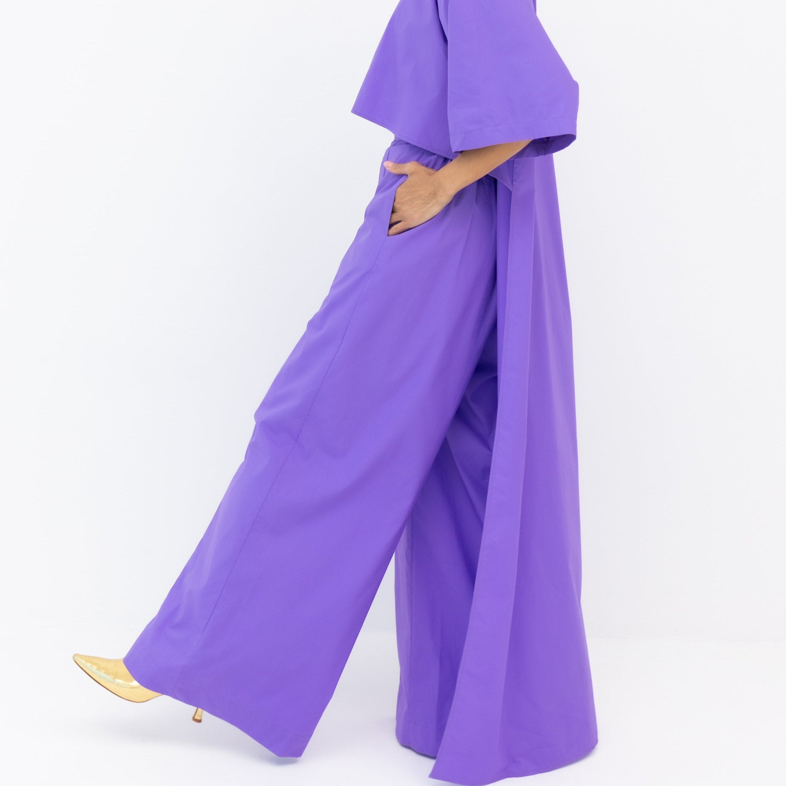 Randi Tail Shirt & Wide Leg Pant Set in Purple Cotton Poplin - Side View