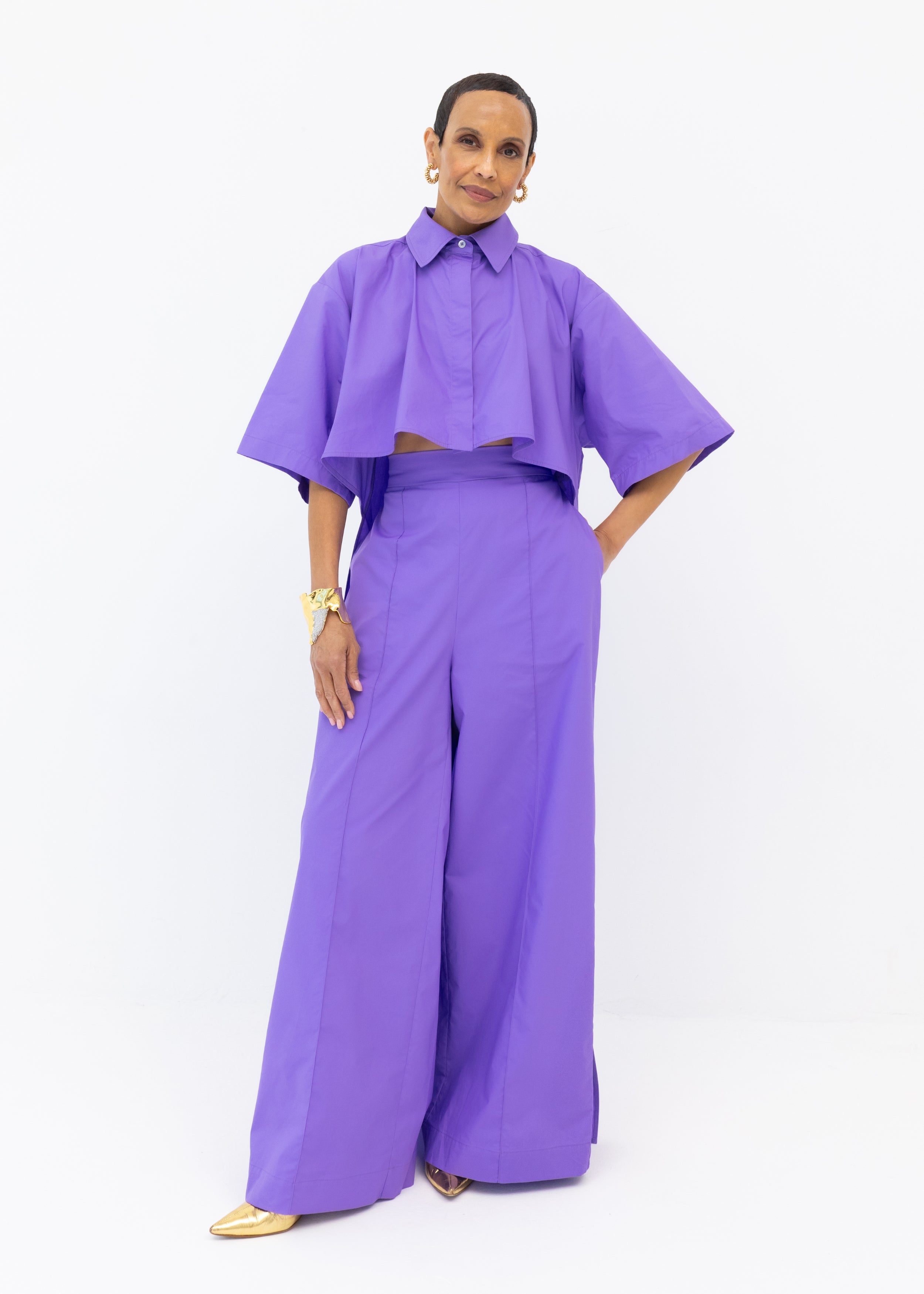 Randi Tail Shirt & Wide Leg Pant Set in Purple Cotton Poplin - Front VIew