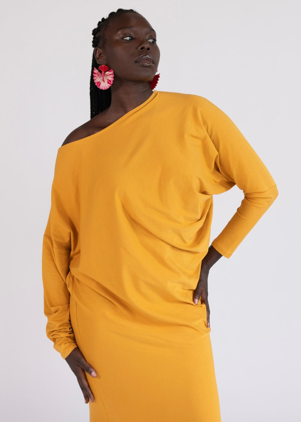 Model wearing Riviera Draped Maxi Dress in Yellow
