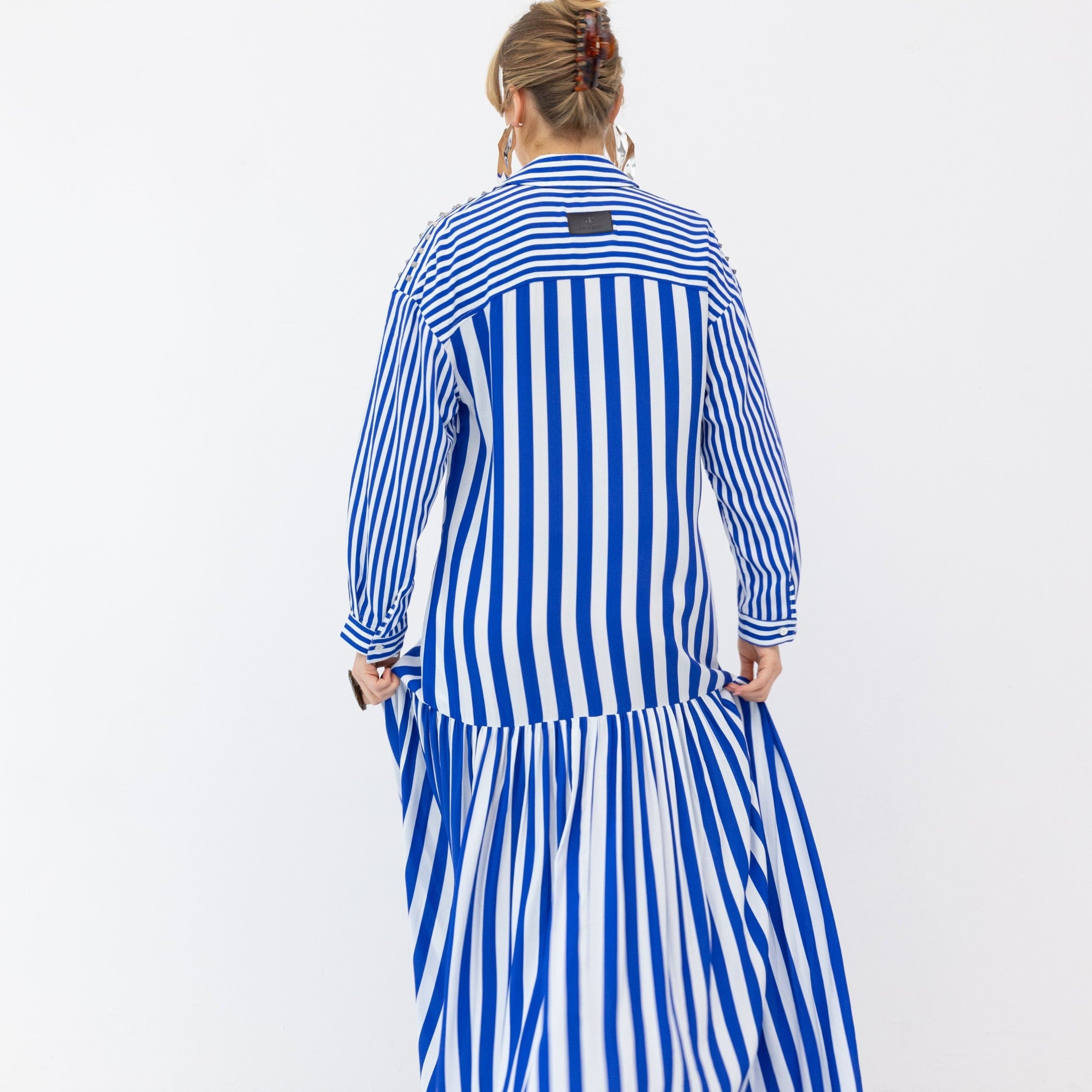 Striped Maxi Shirt Dress with Gunmetal Studs Back View