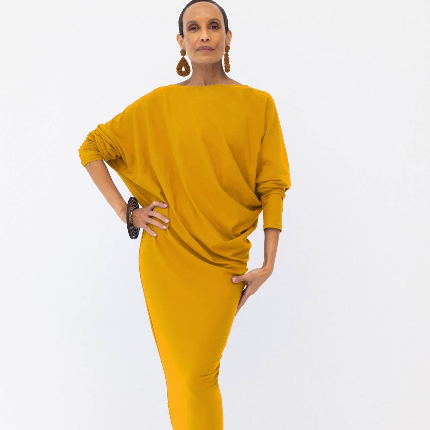 Model wearing Riviera Draped Maxi Dress - Yellow