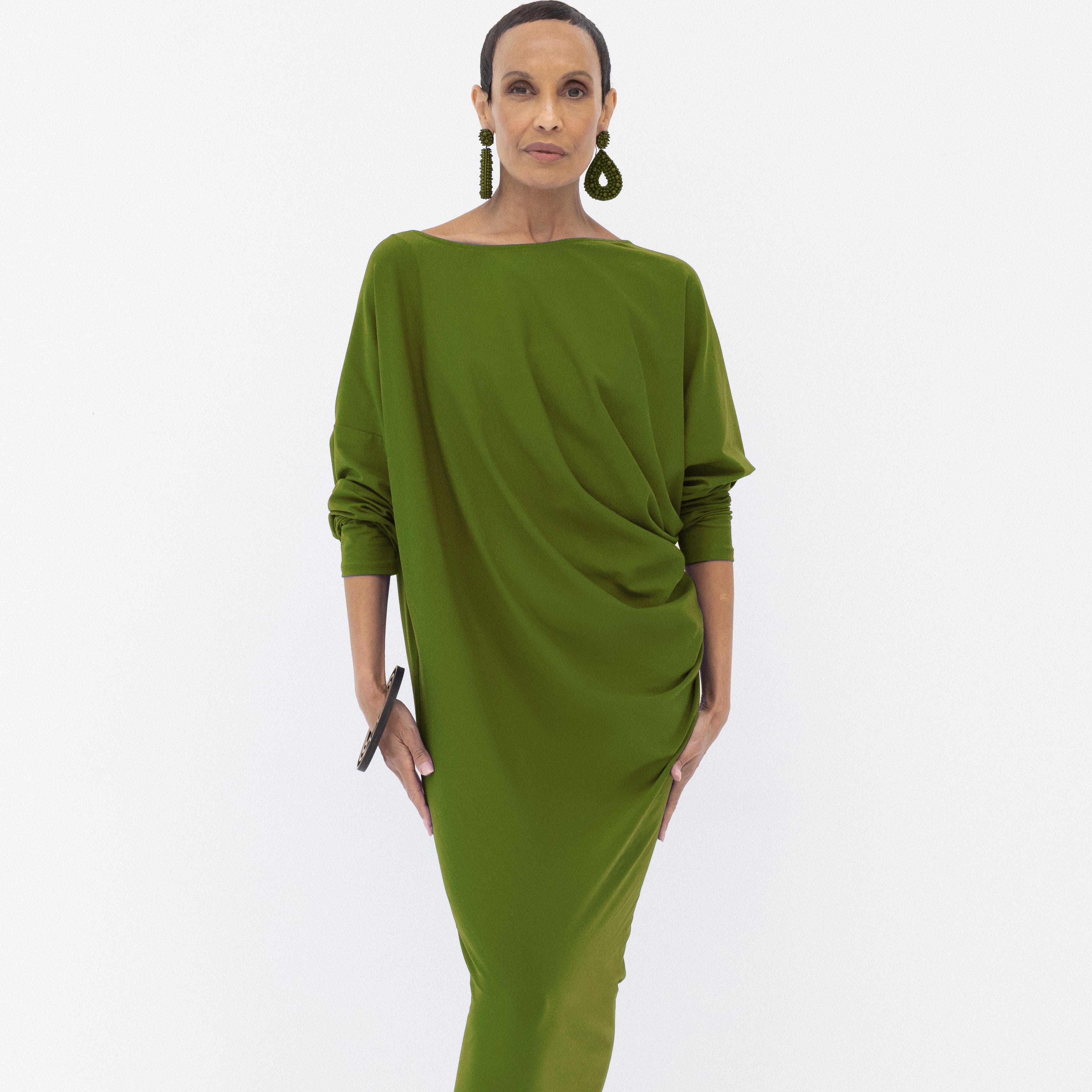 Model wearing Riviera Draped Maxi Dress - Olive Green