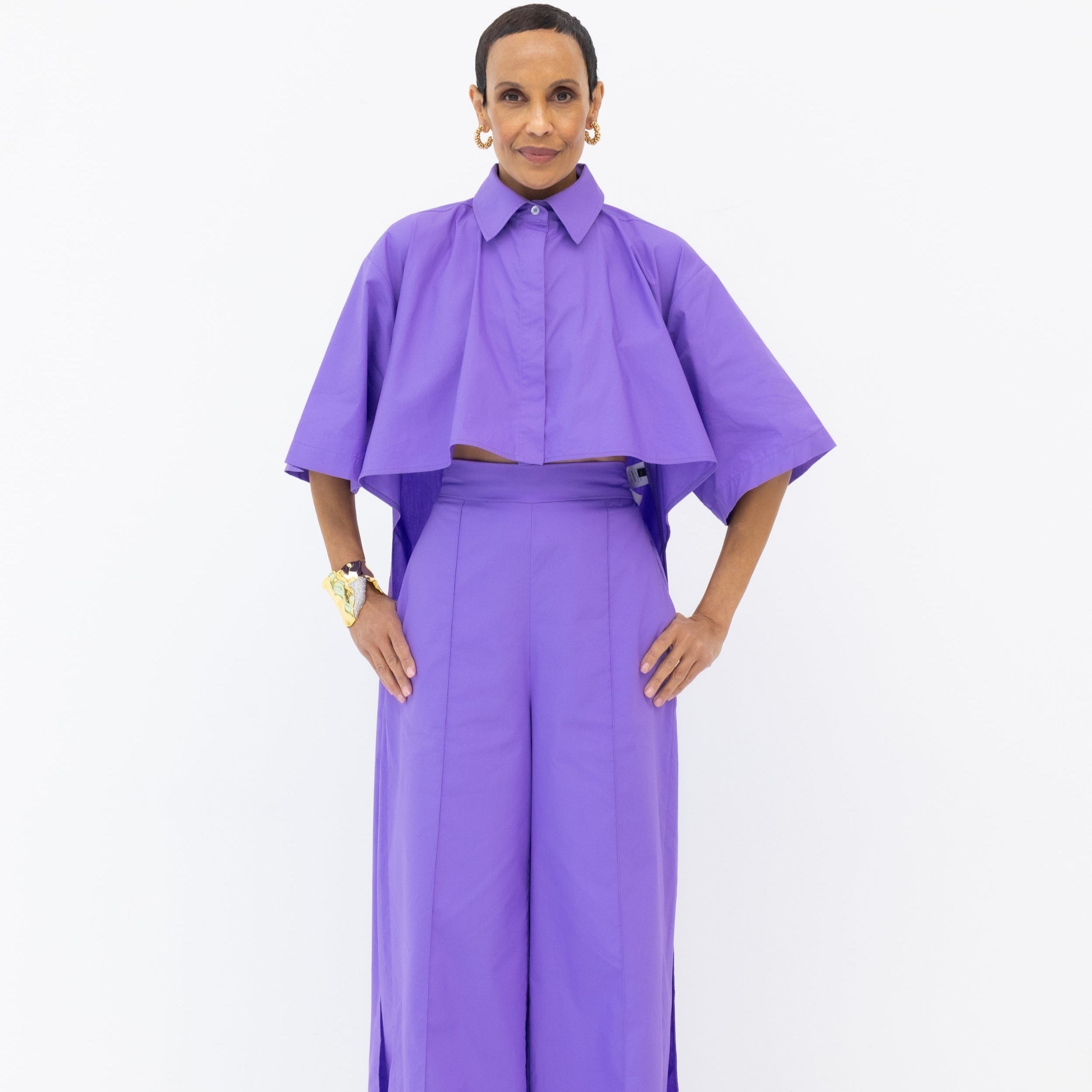 Randi Tail Shirt & Wide Leg Pant Set in Purple Cotton Poplin - Front VIew